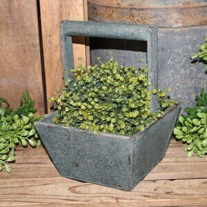 Distressed Blue Primitive Farmhouse Wood Basket Box w/Topiary Sphere